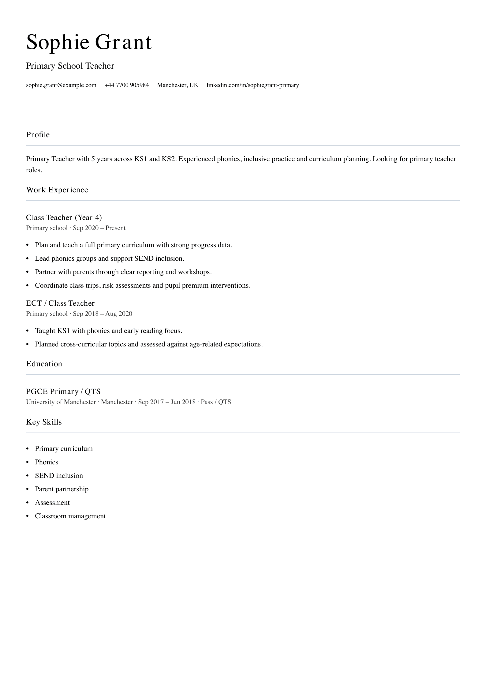 primary school teacher cv template