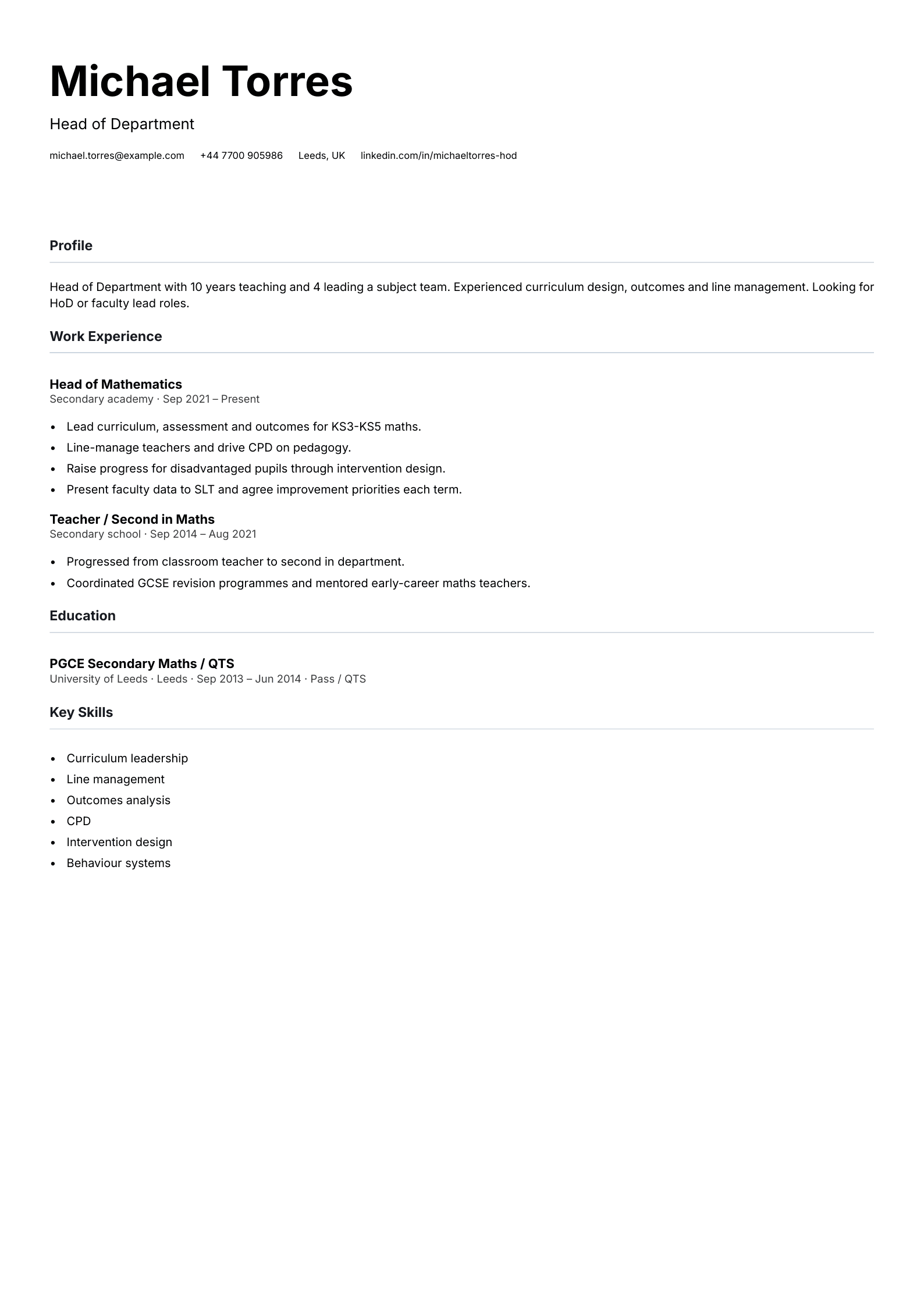head of department cv template