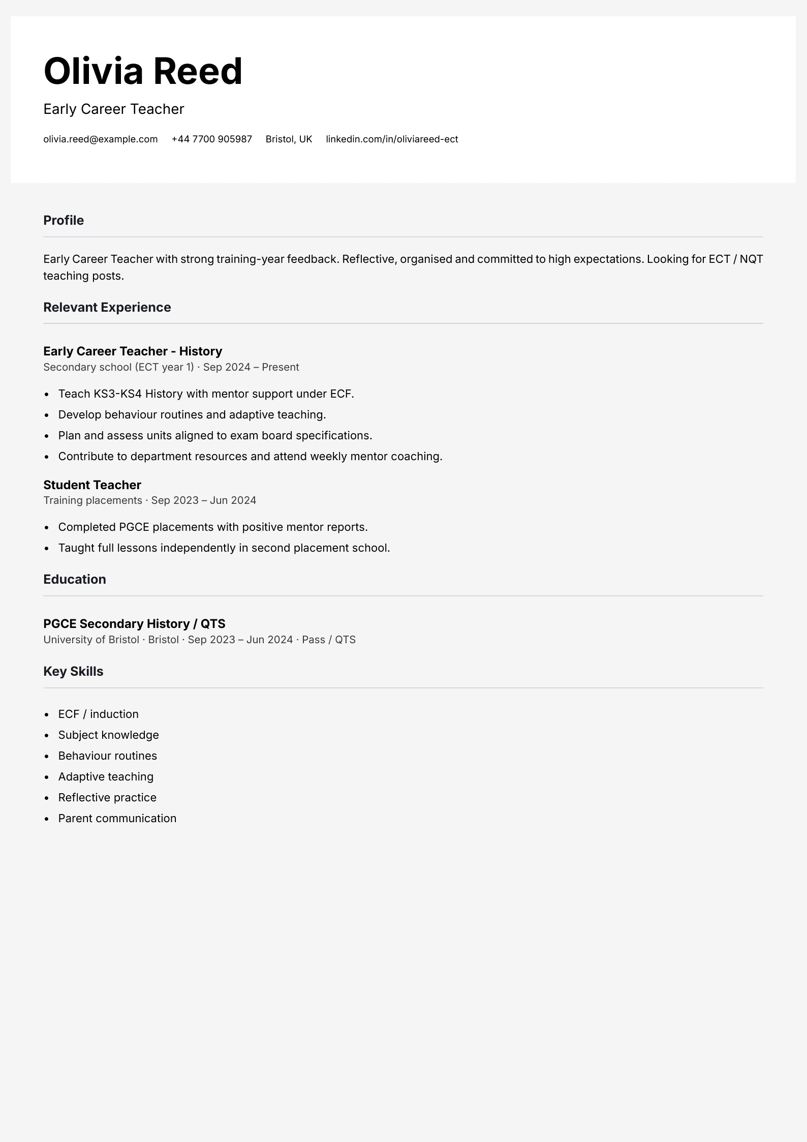 early career teacher cv template