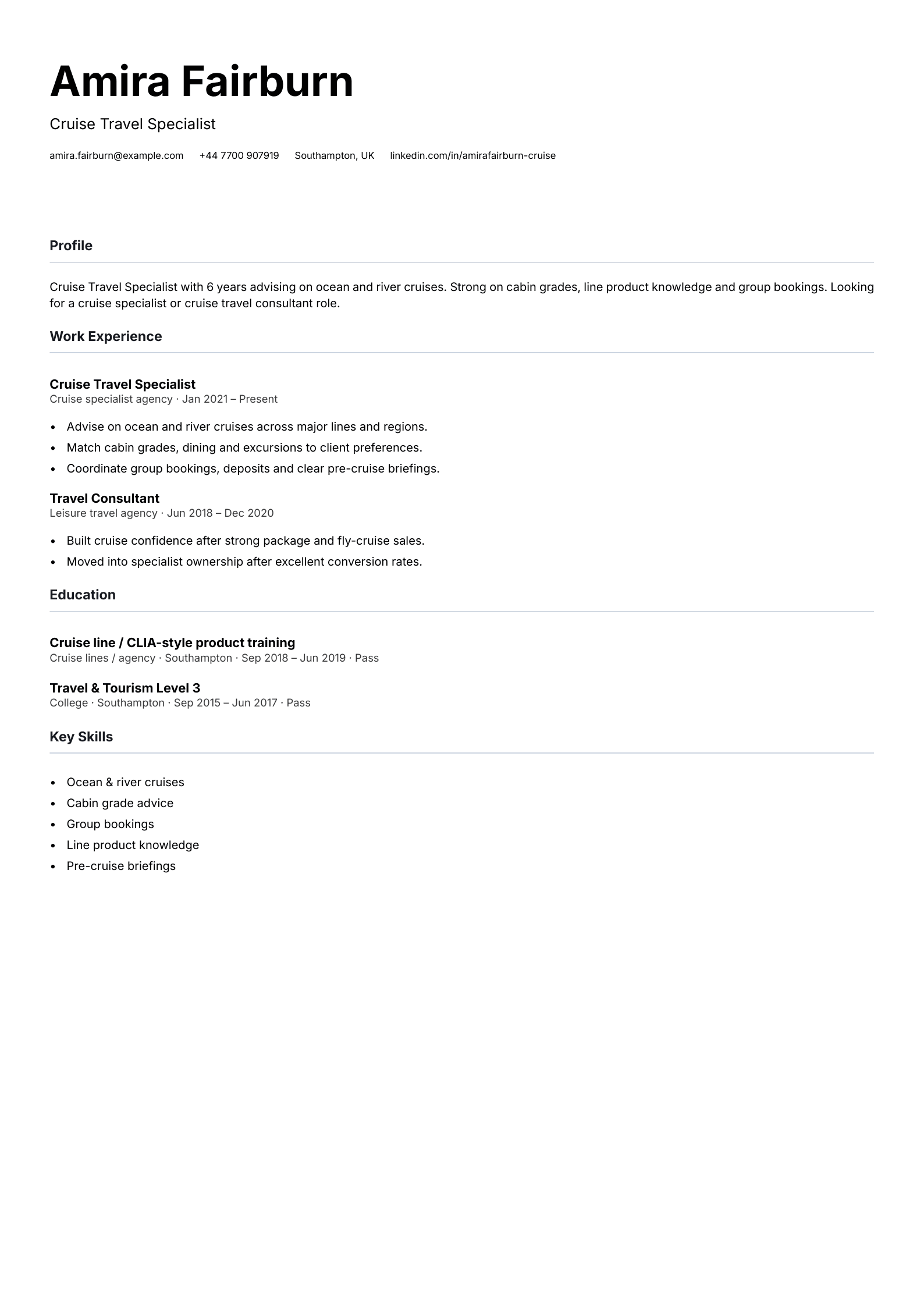 cruise travel specialist CV template