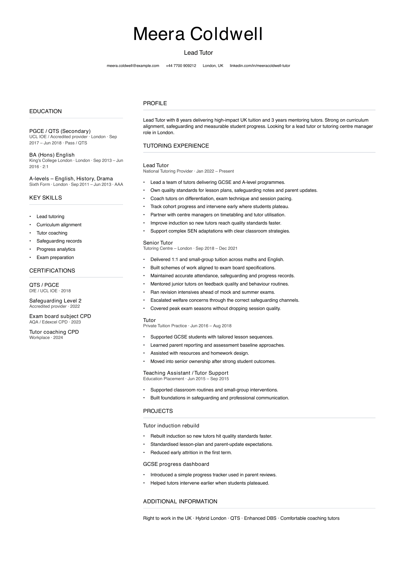 lead tutor CV template