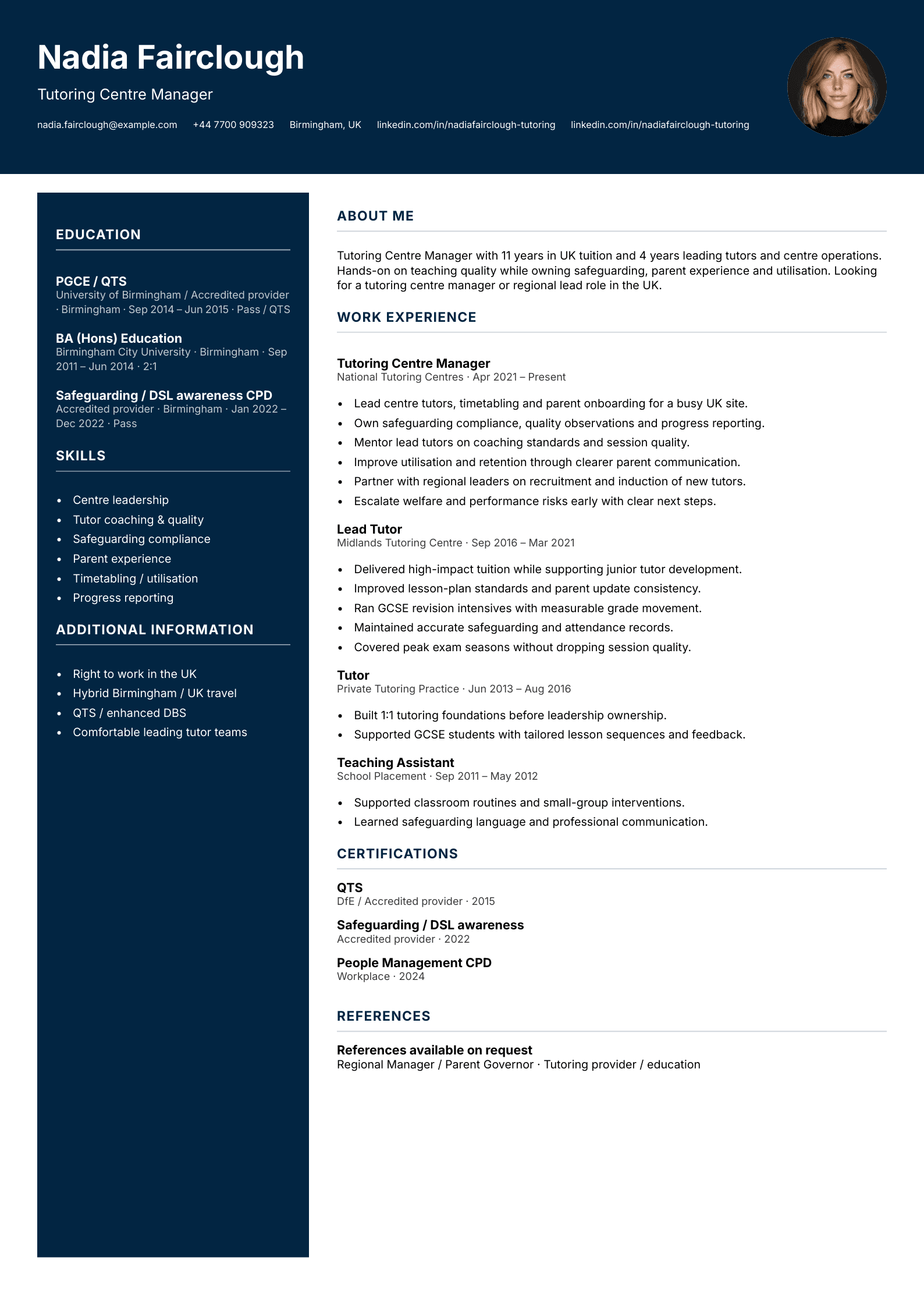 Tutoring centre manager CV template