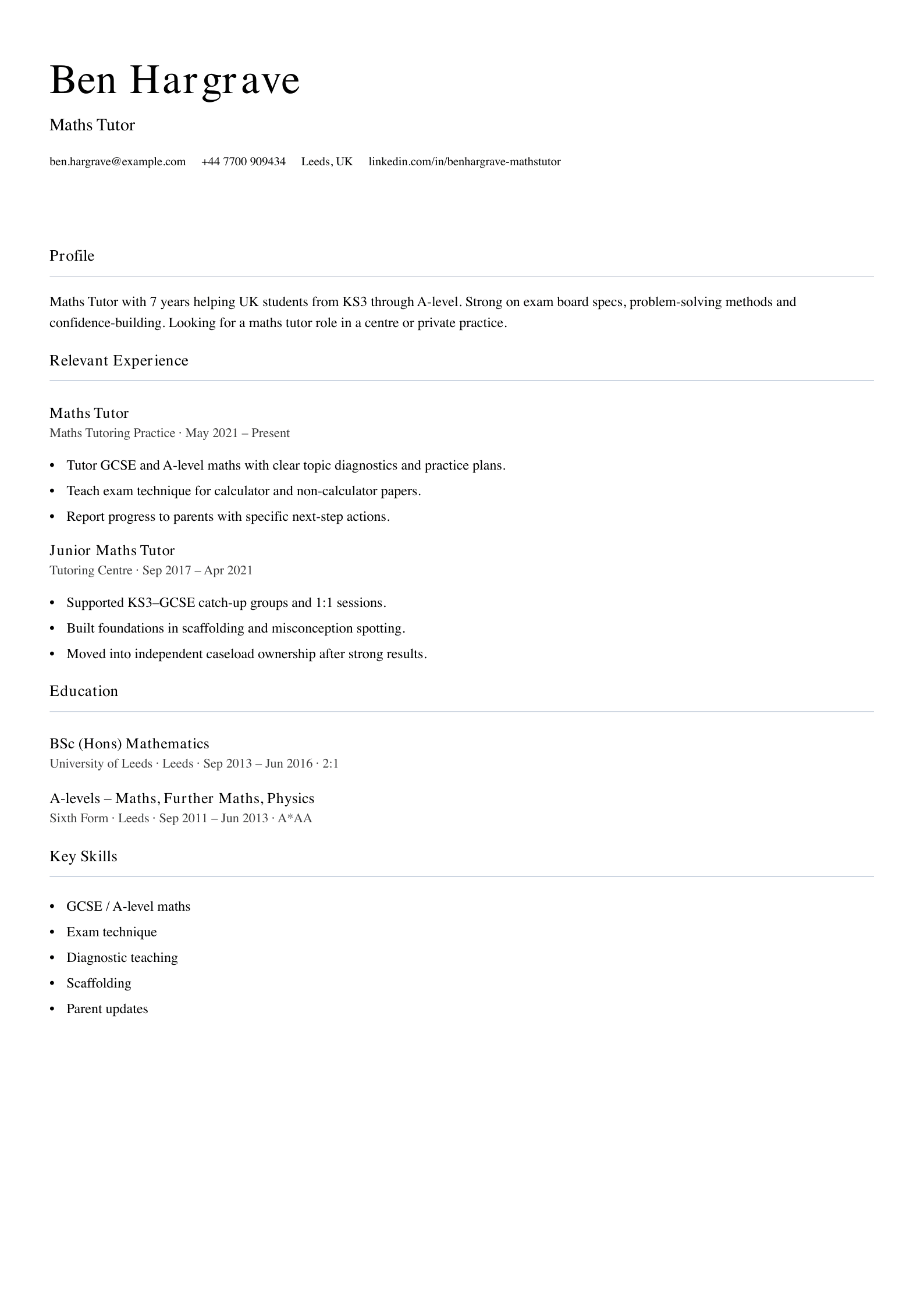 Maths tutor CV template