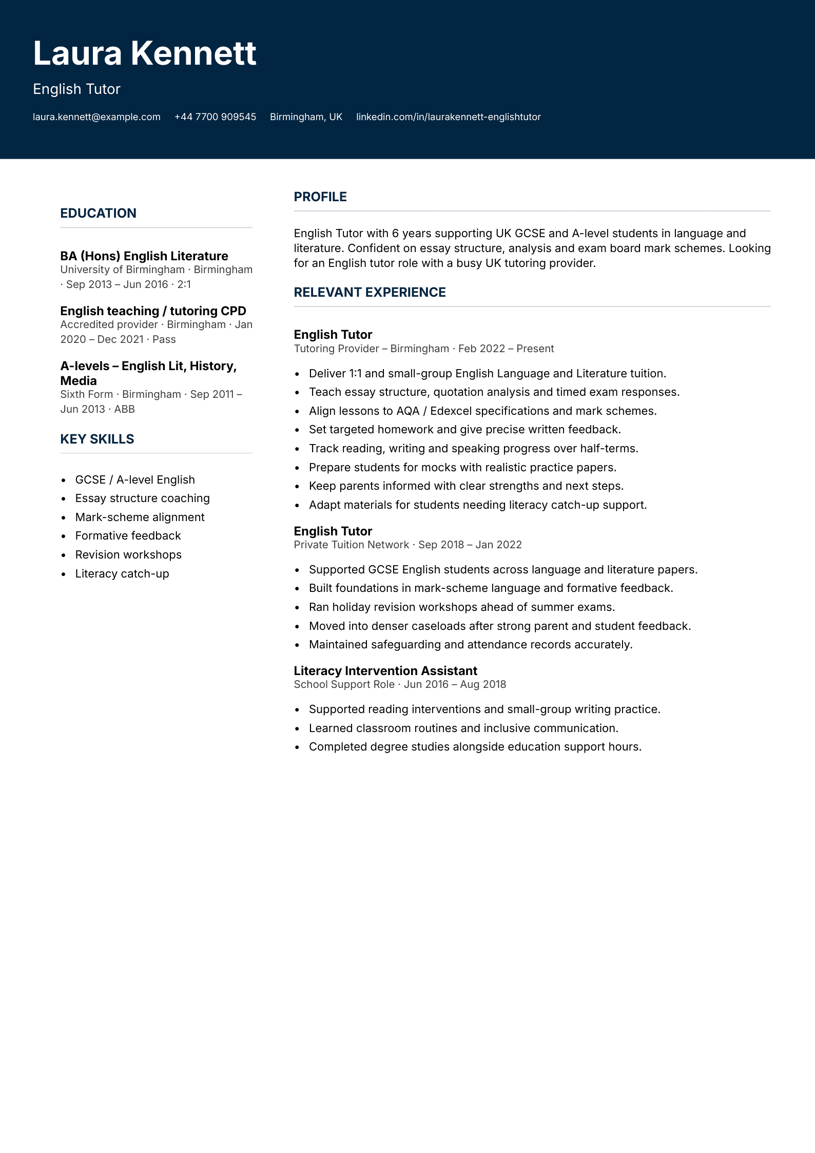 english tutor CV template