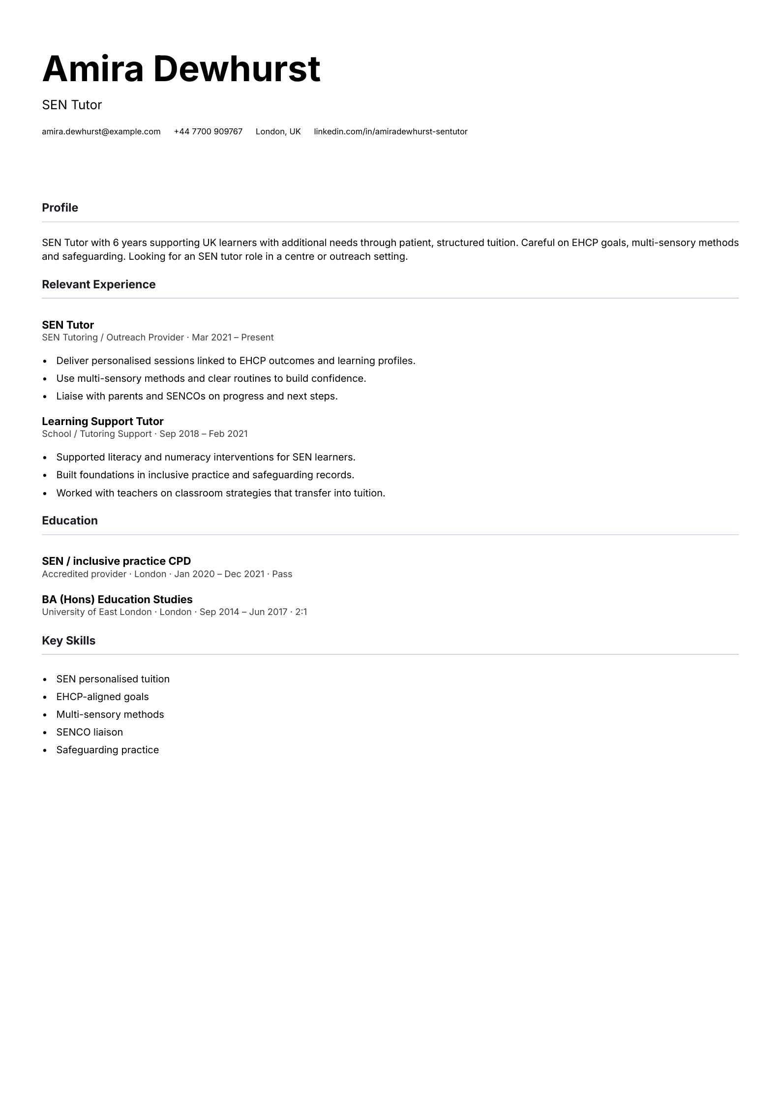SEN tutor CV template