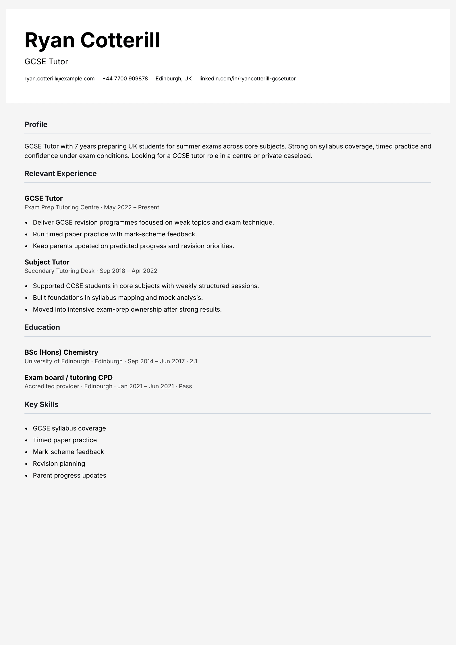 GCSE tutor CV template