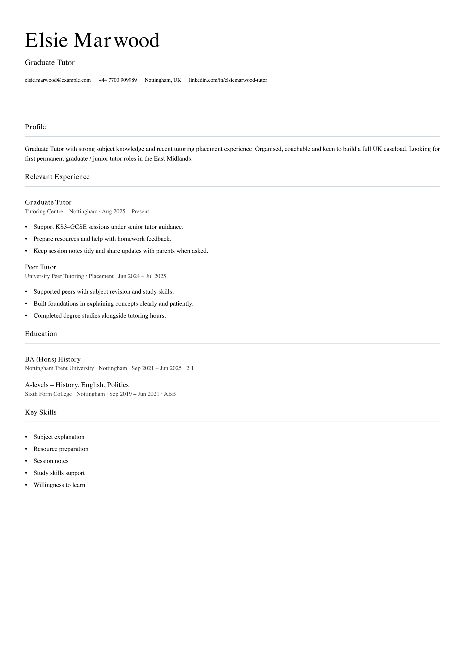 graduate tutor CV template