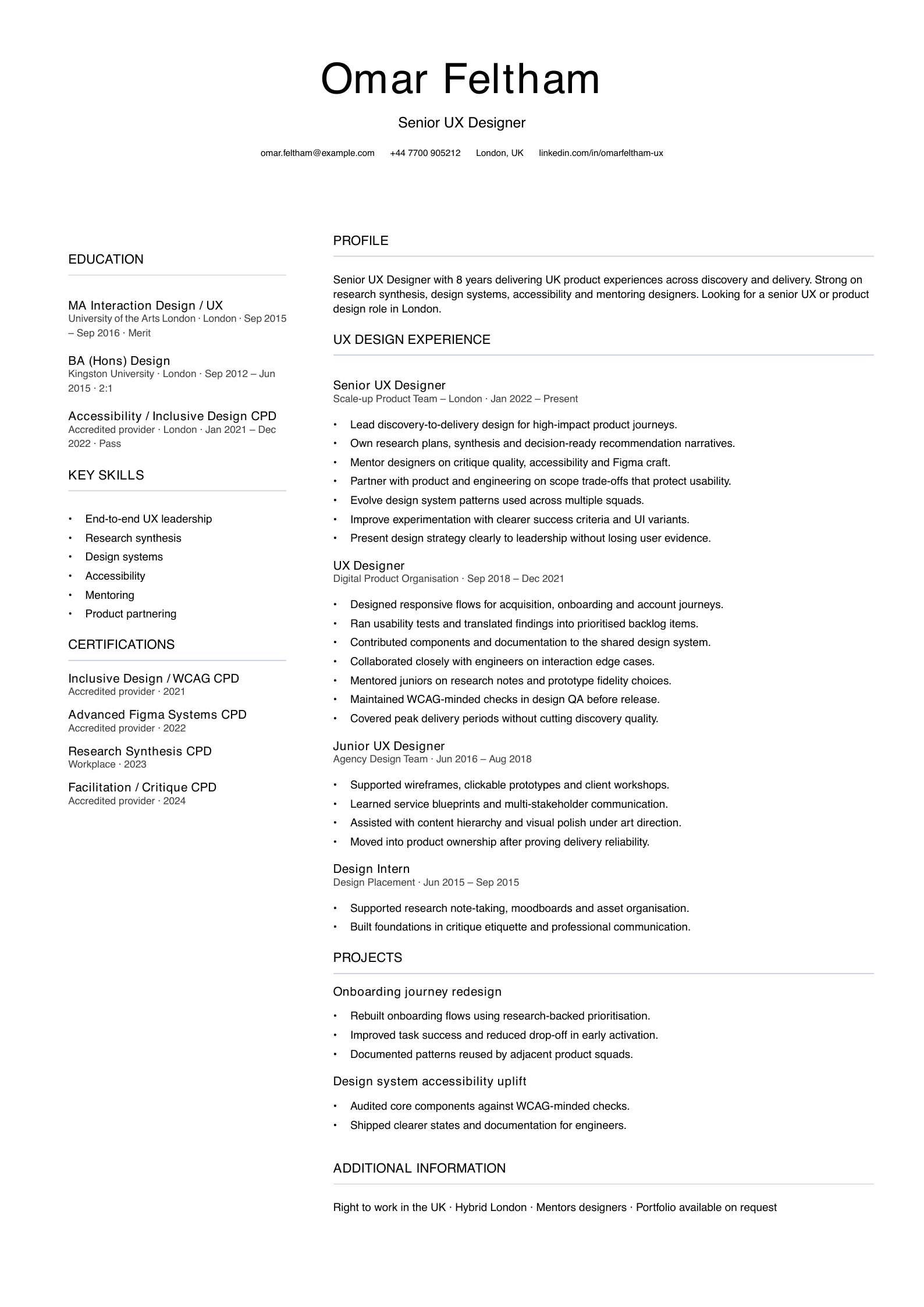 senior UX designer CV template