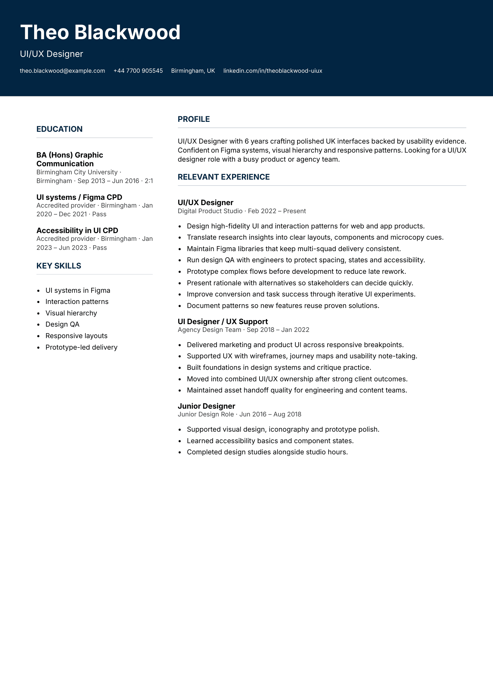 UI/UX designer CV template