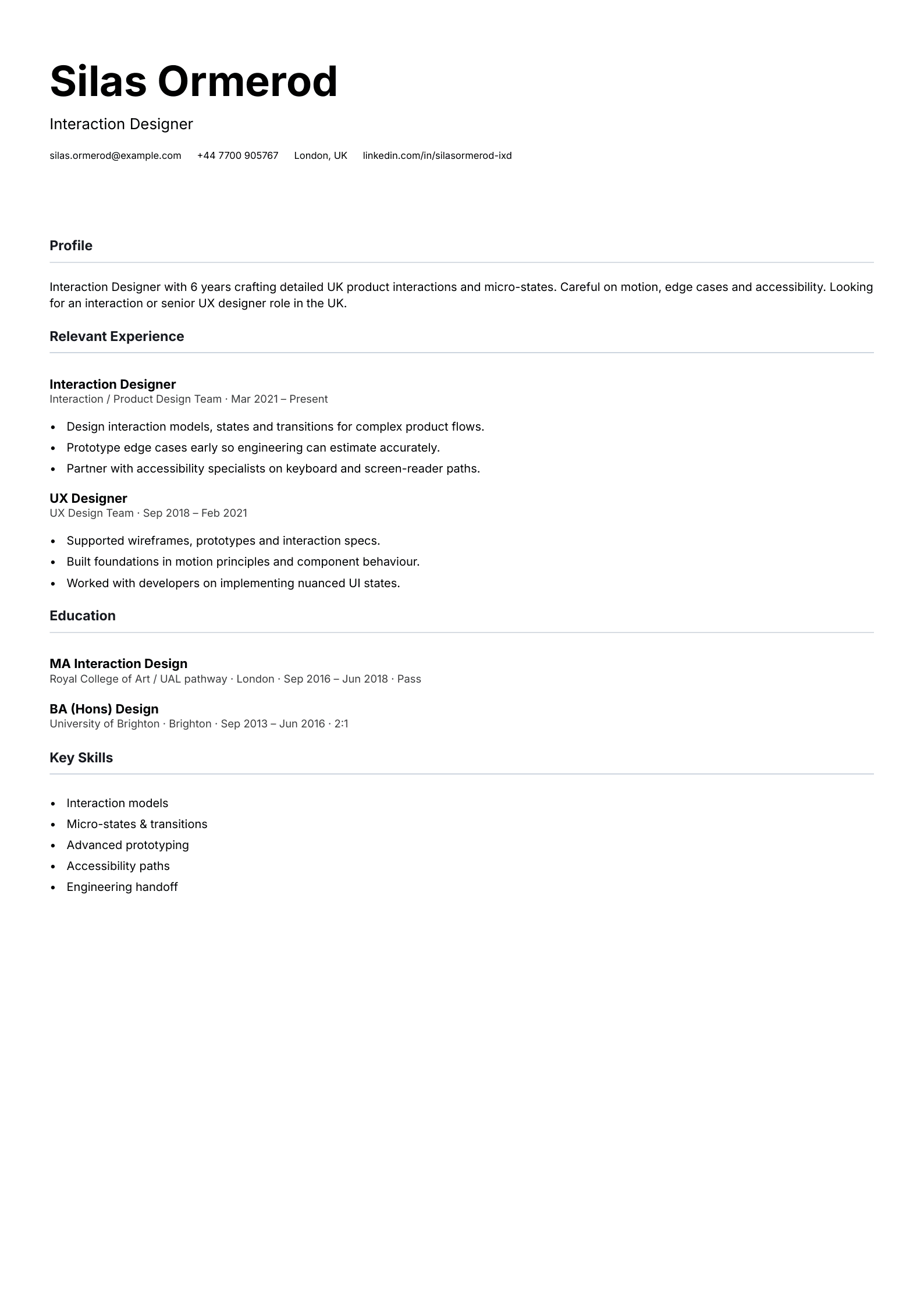 interaction designer CV template