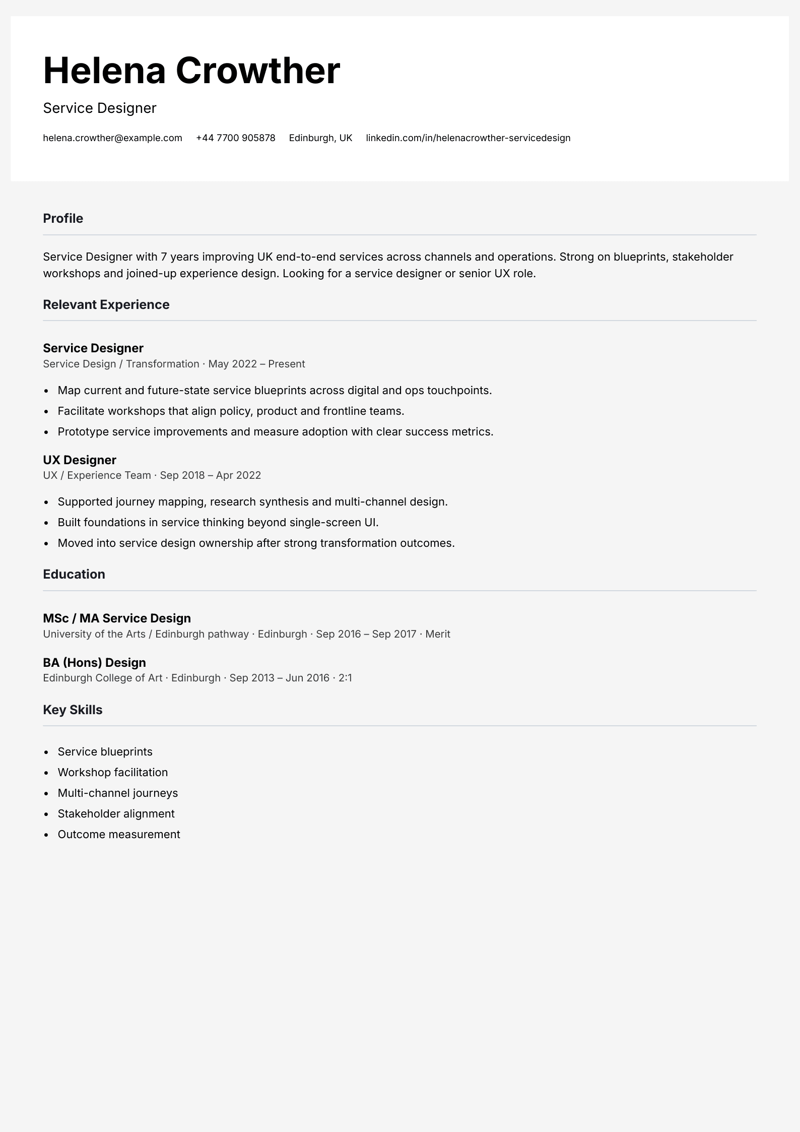 service designer CV template