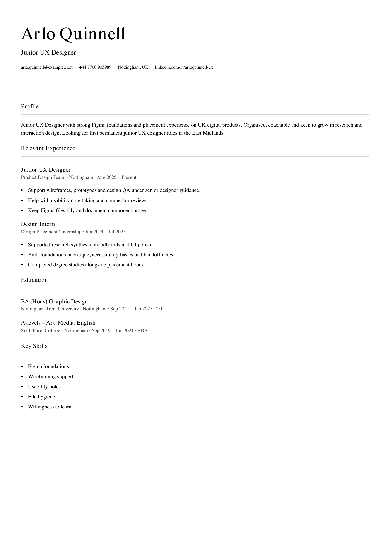junior UX designer CV template