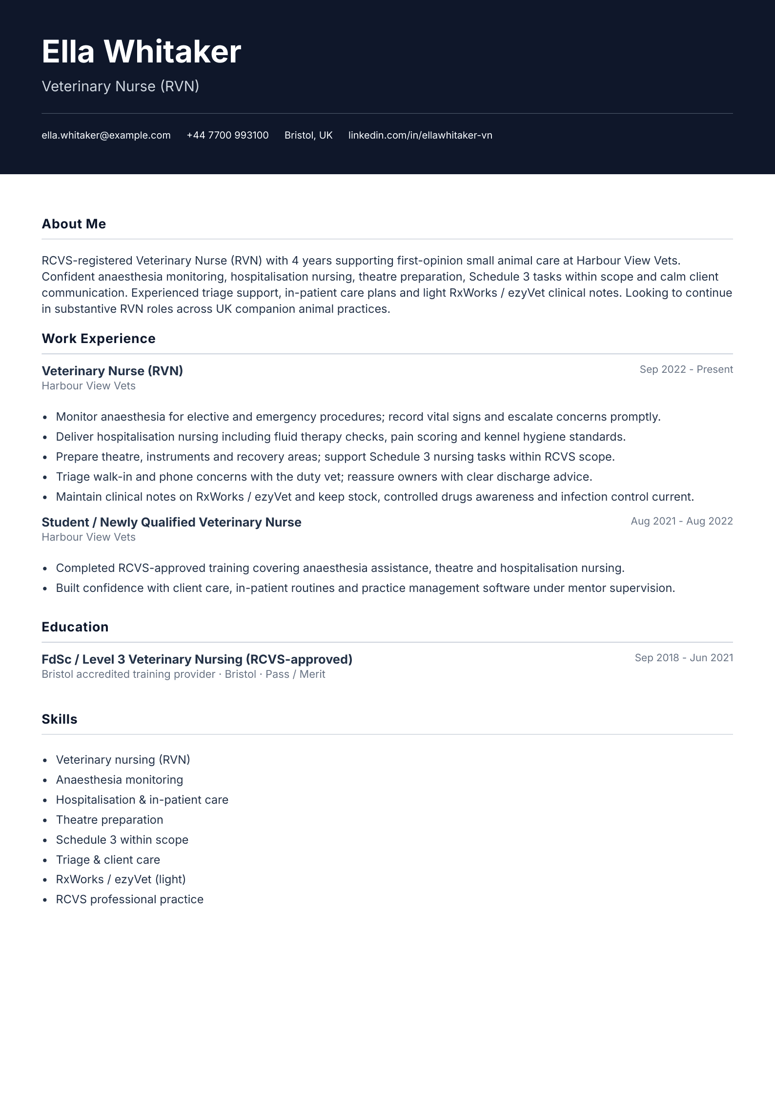 veterinary nurse cv template