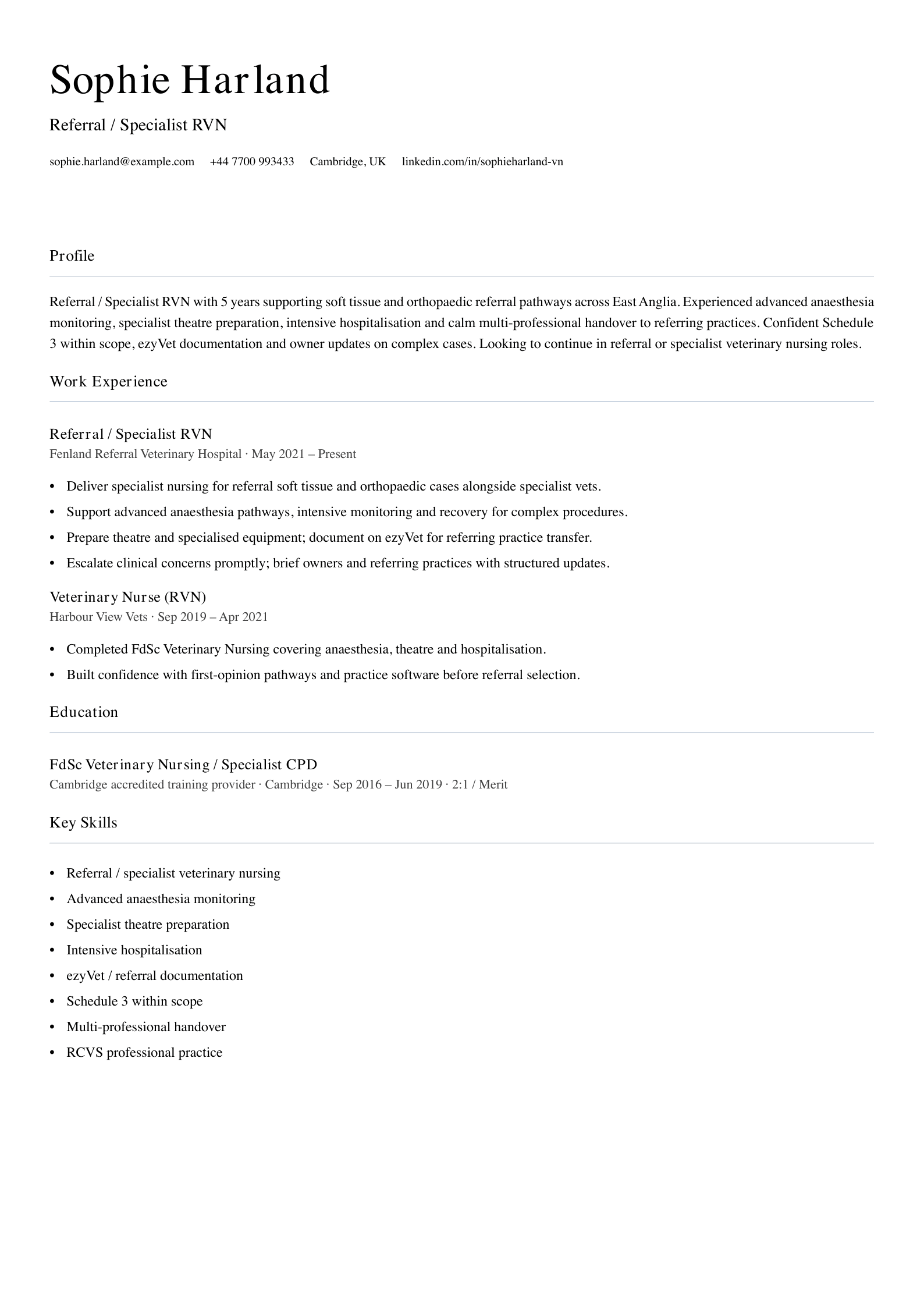 referral specialist veterinary nurse cv template