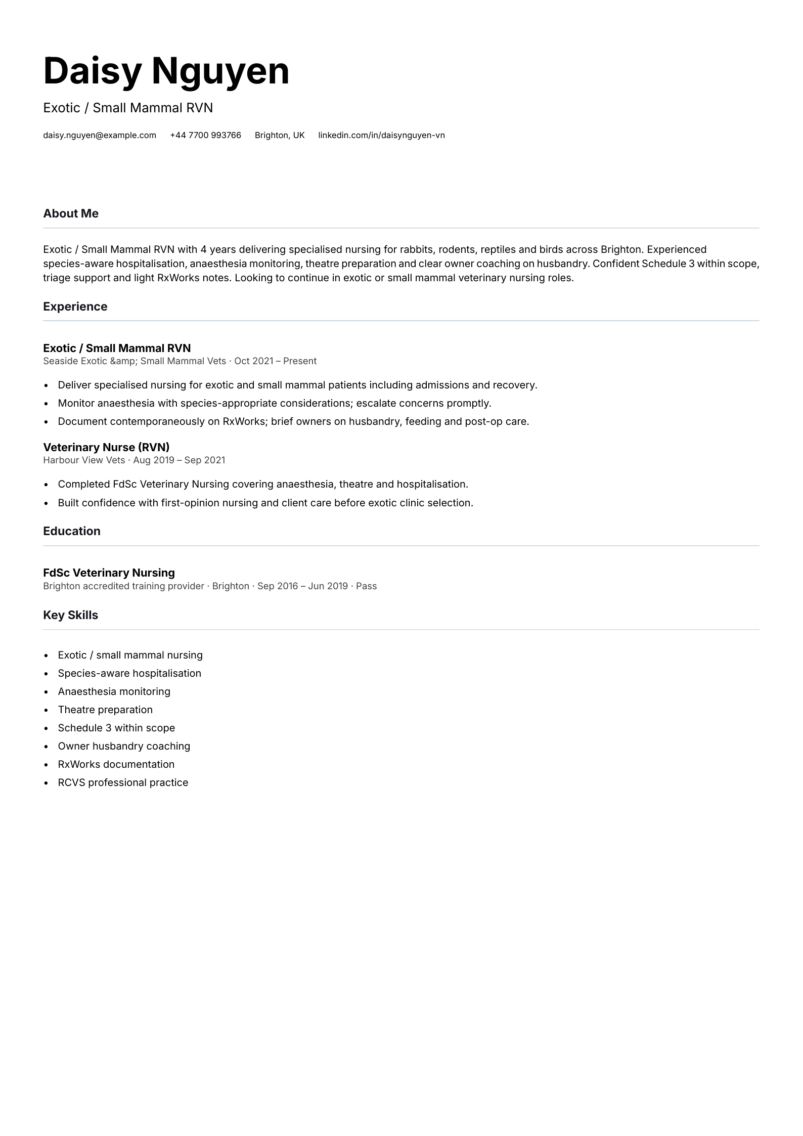 exotic small mammal veterinary nurse cv template