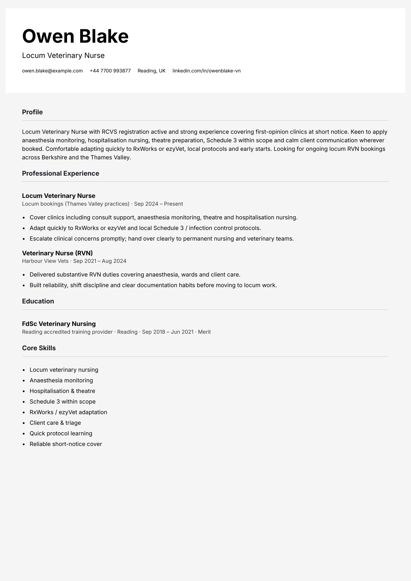 locum veterinary nurse cv template