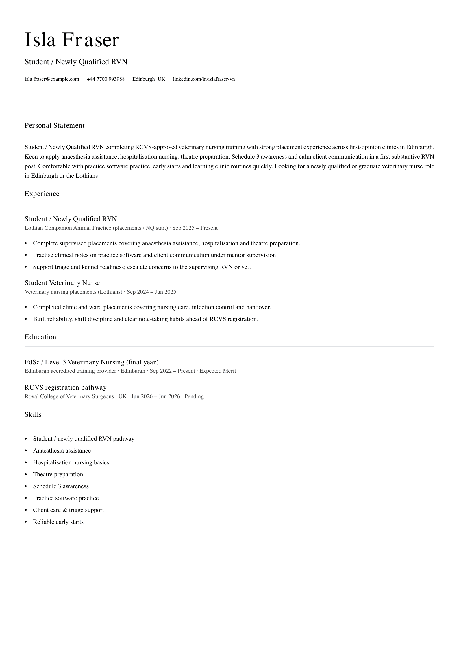 student newly qualified veterinary nurse cv template