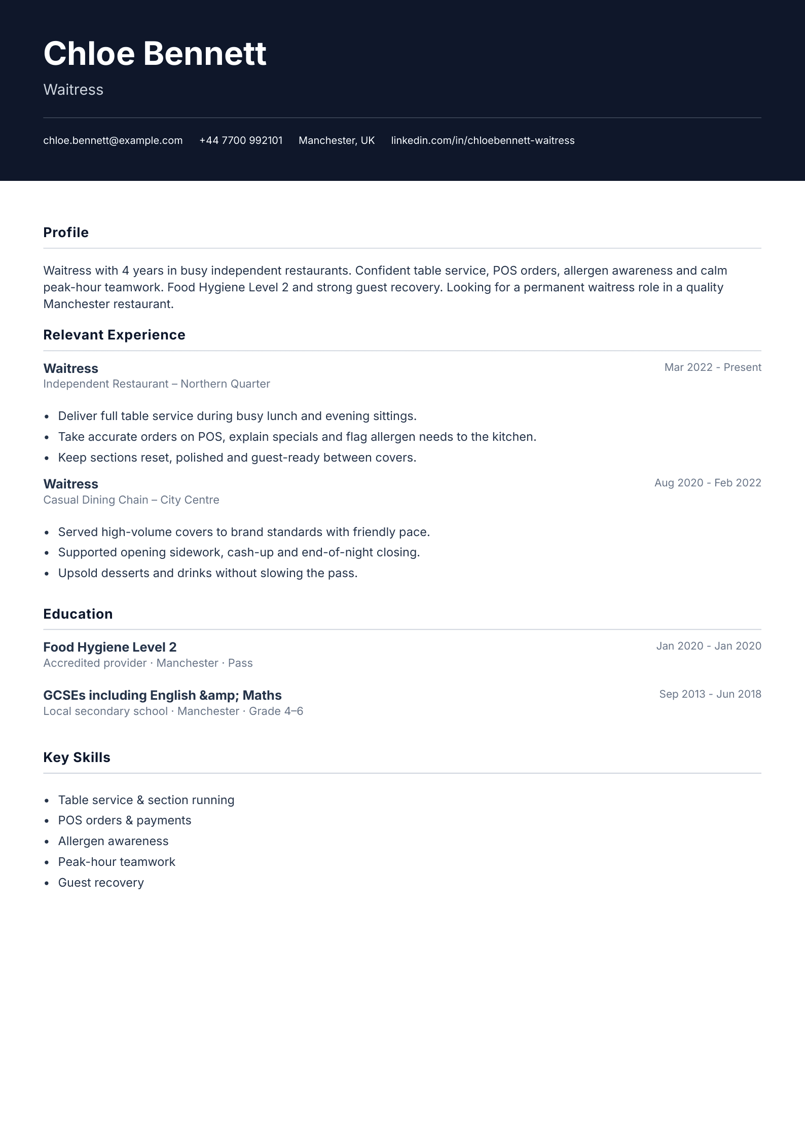 Restaurant waitress CV template