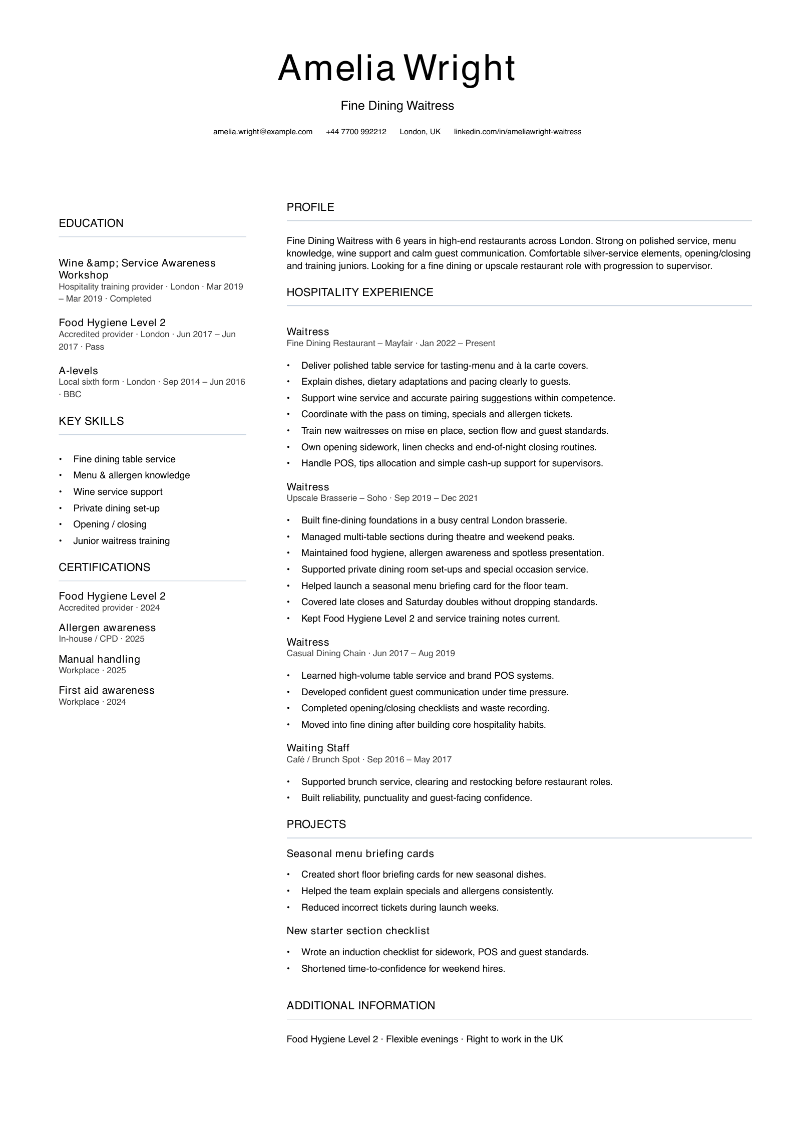 fine dining waitress CV template