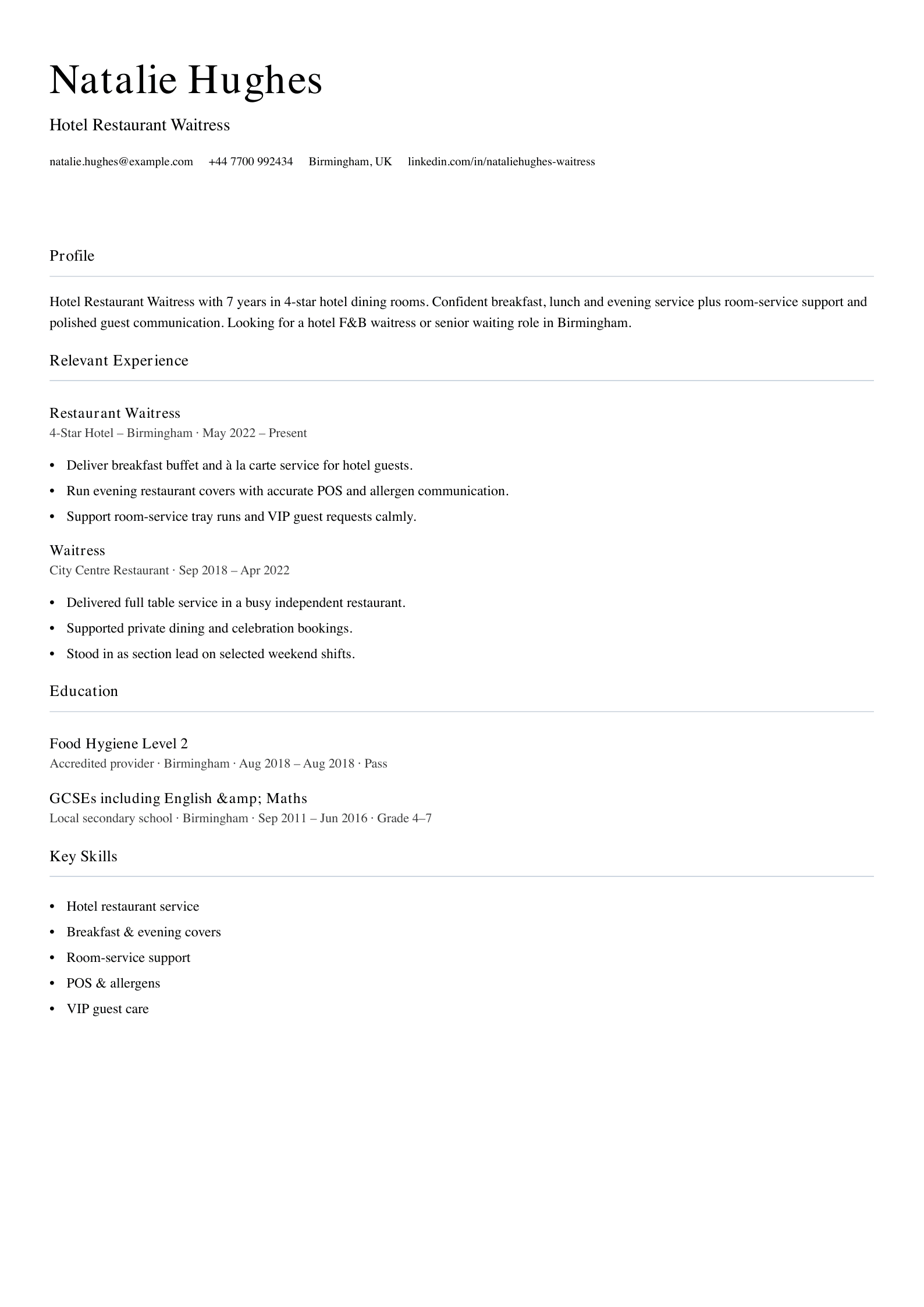 Hotel restaurant waitress CV template