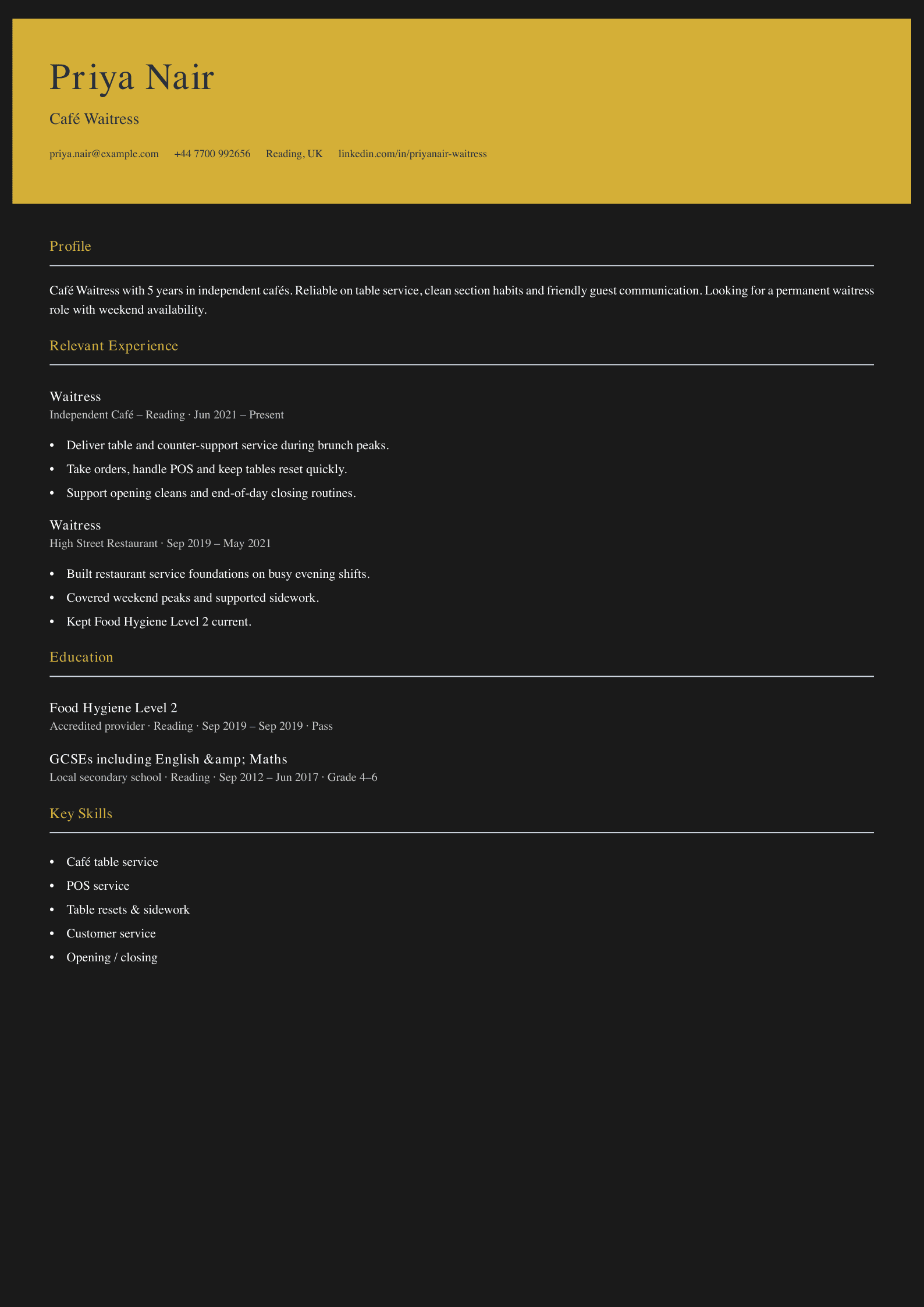 café waitress CV template