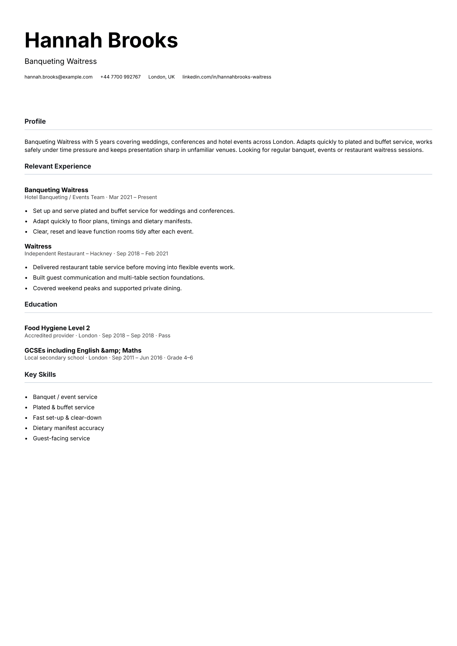 banqueting waitress CV template