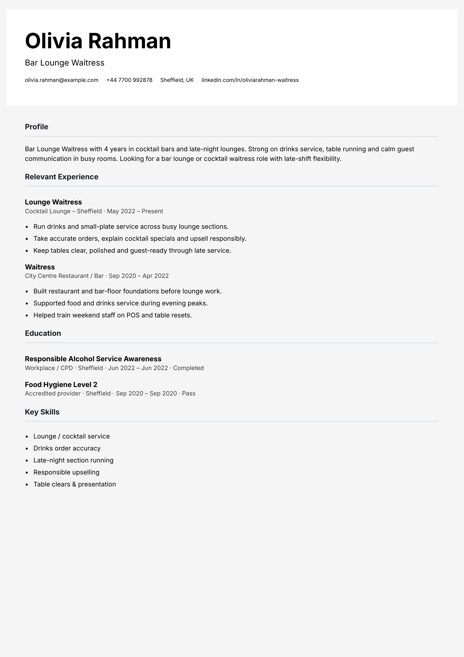 bar lounge waitress CV template