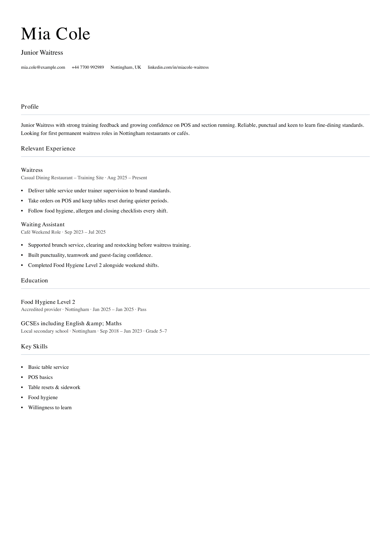 junior waitress CV template