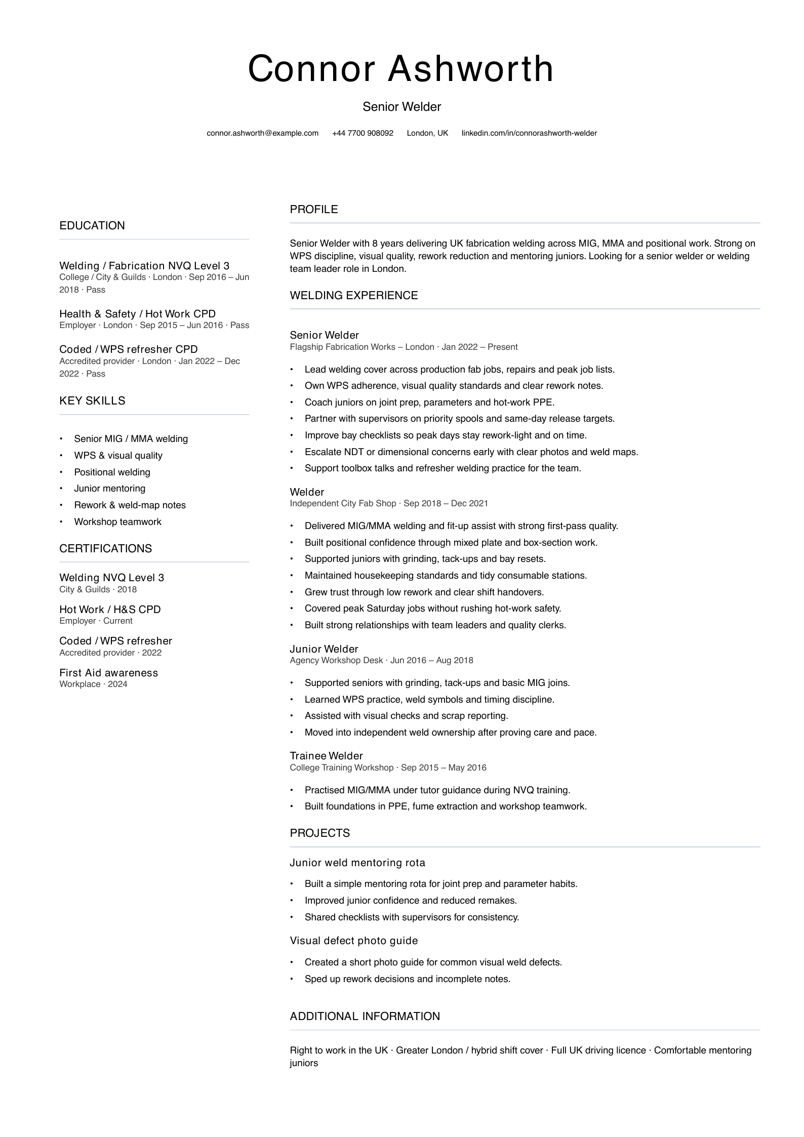 senior welder CV template