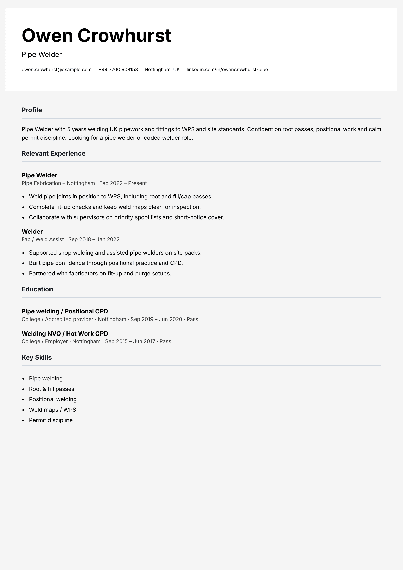 pipe welder CV template