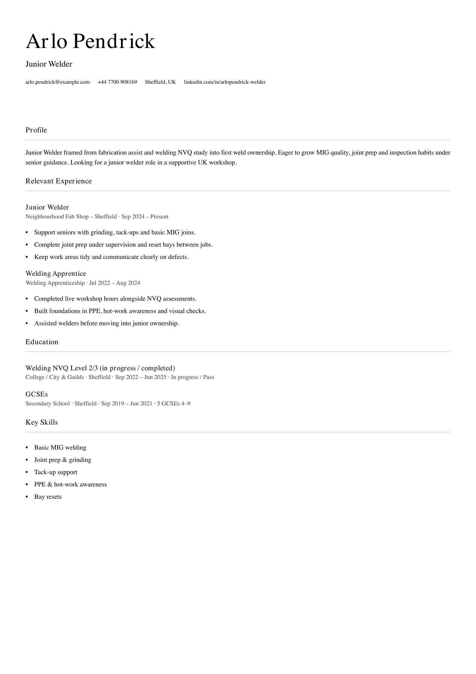 junior welder CV template