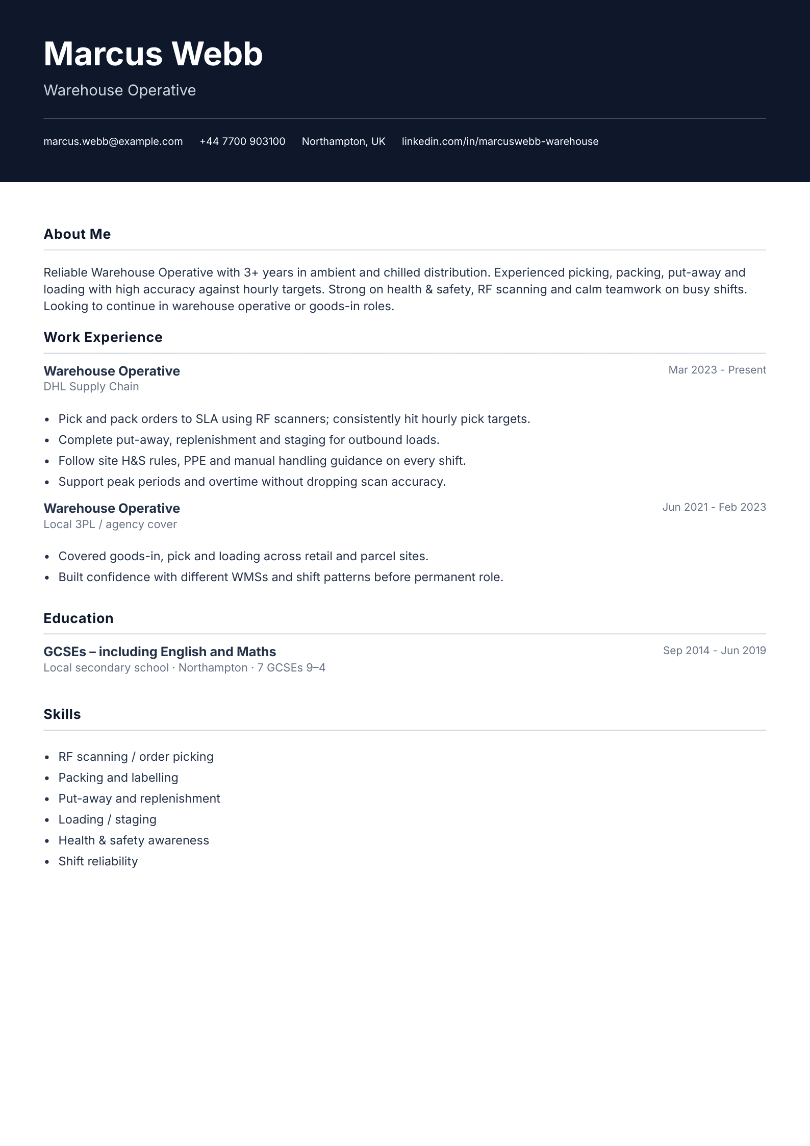 Warehouse operative CV template