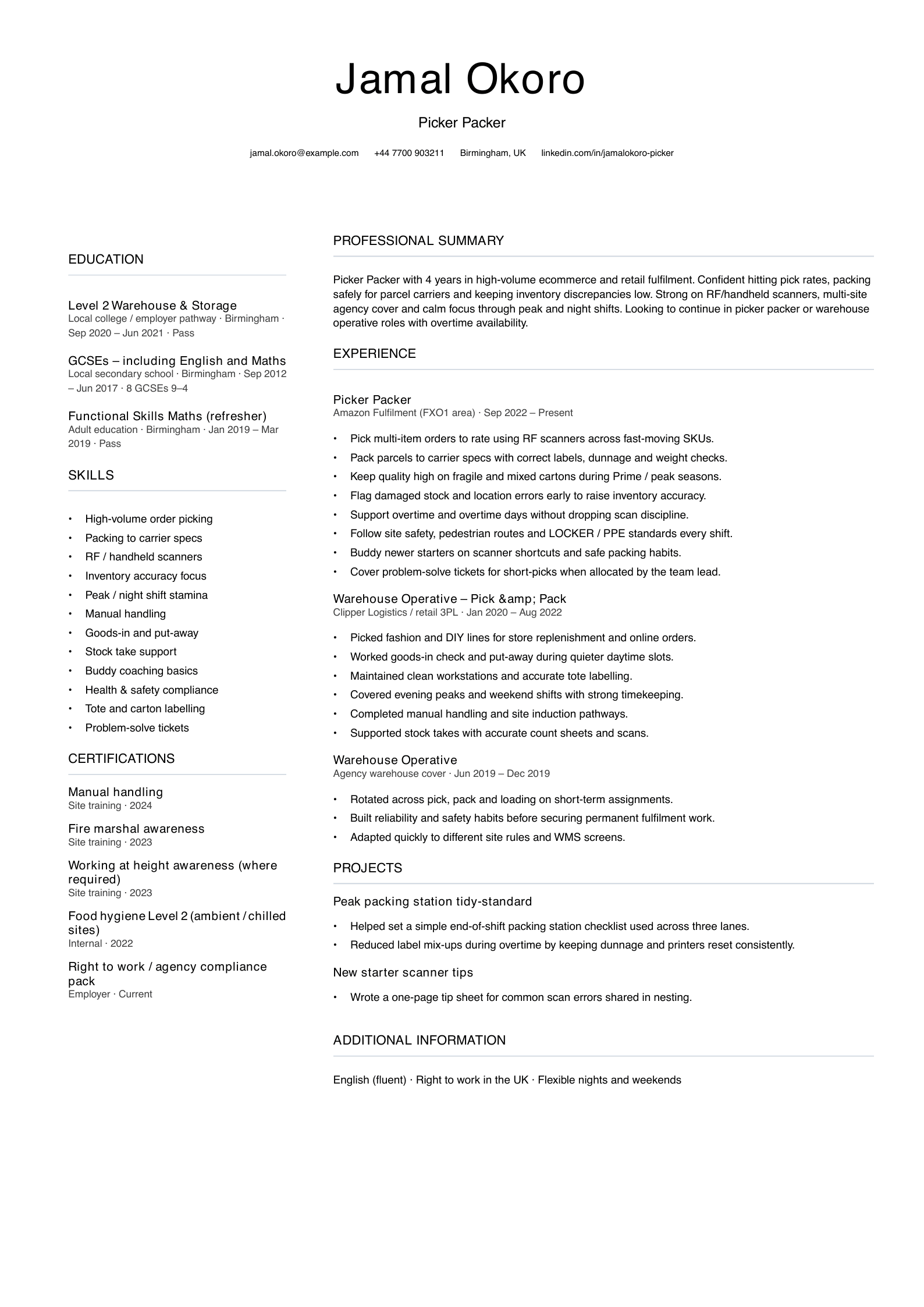 picker packer cv template