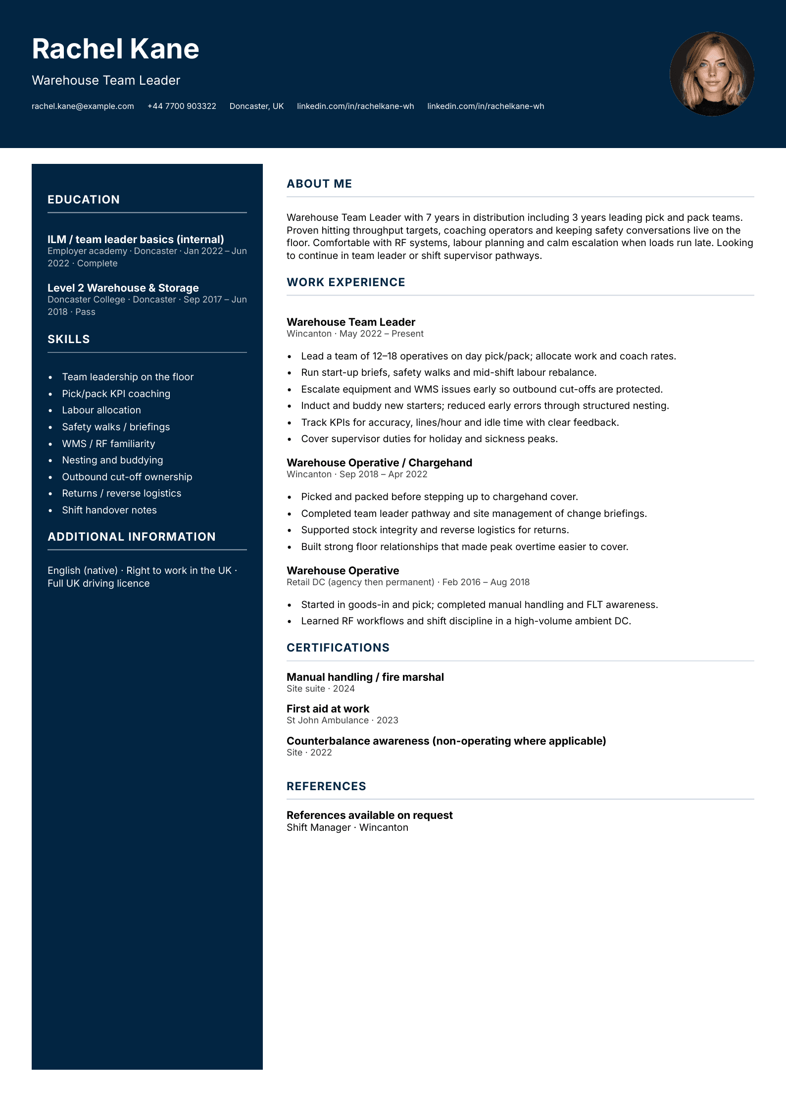 Warehouse team leader CV template