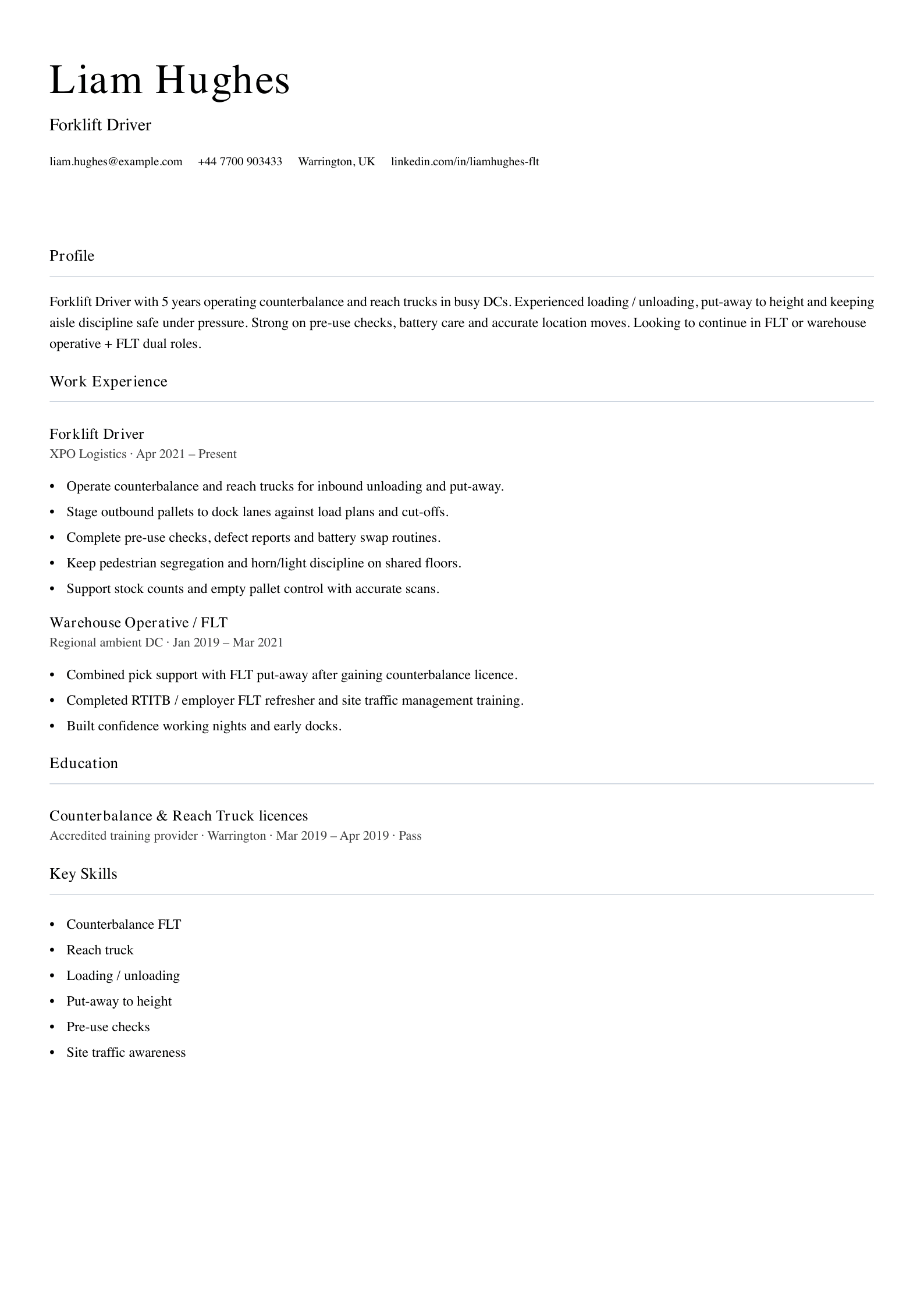 Forklift driver CV template