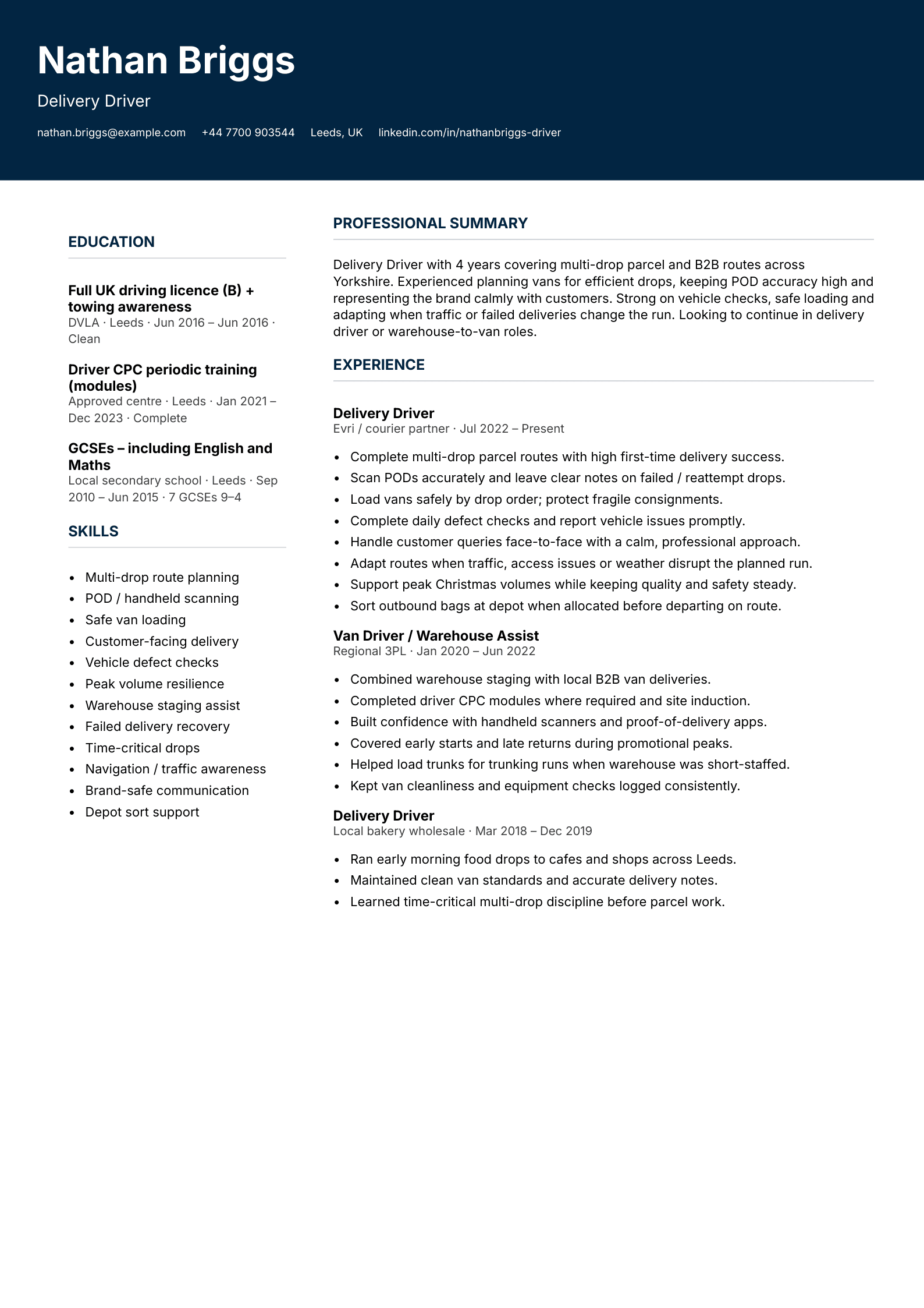 delivery driver cv template