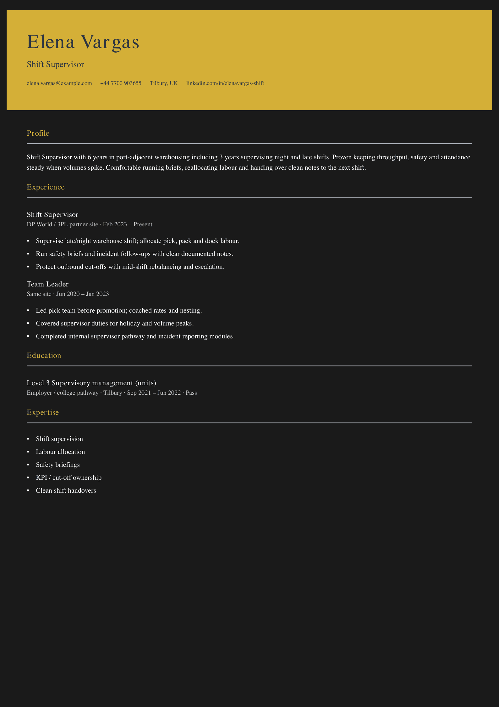 warehouse shift supervisor cv template
