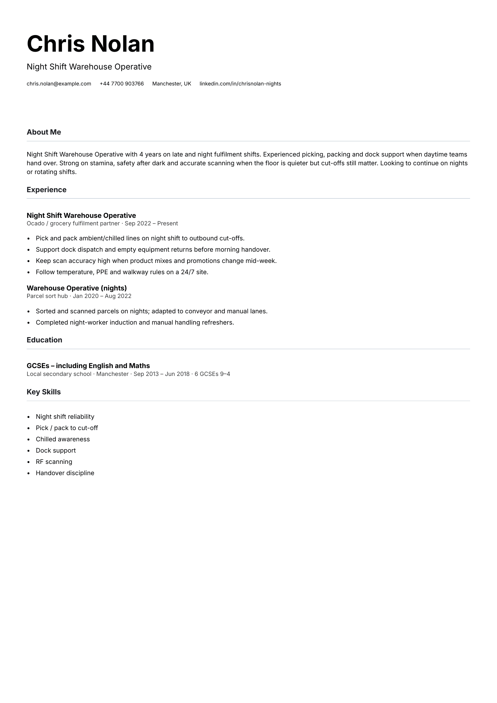night shift warehouse operative cv template