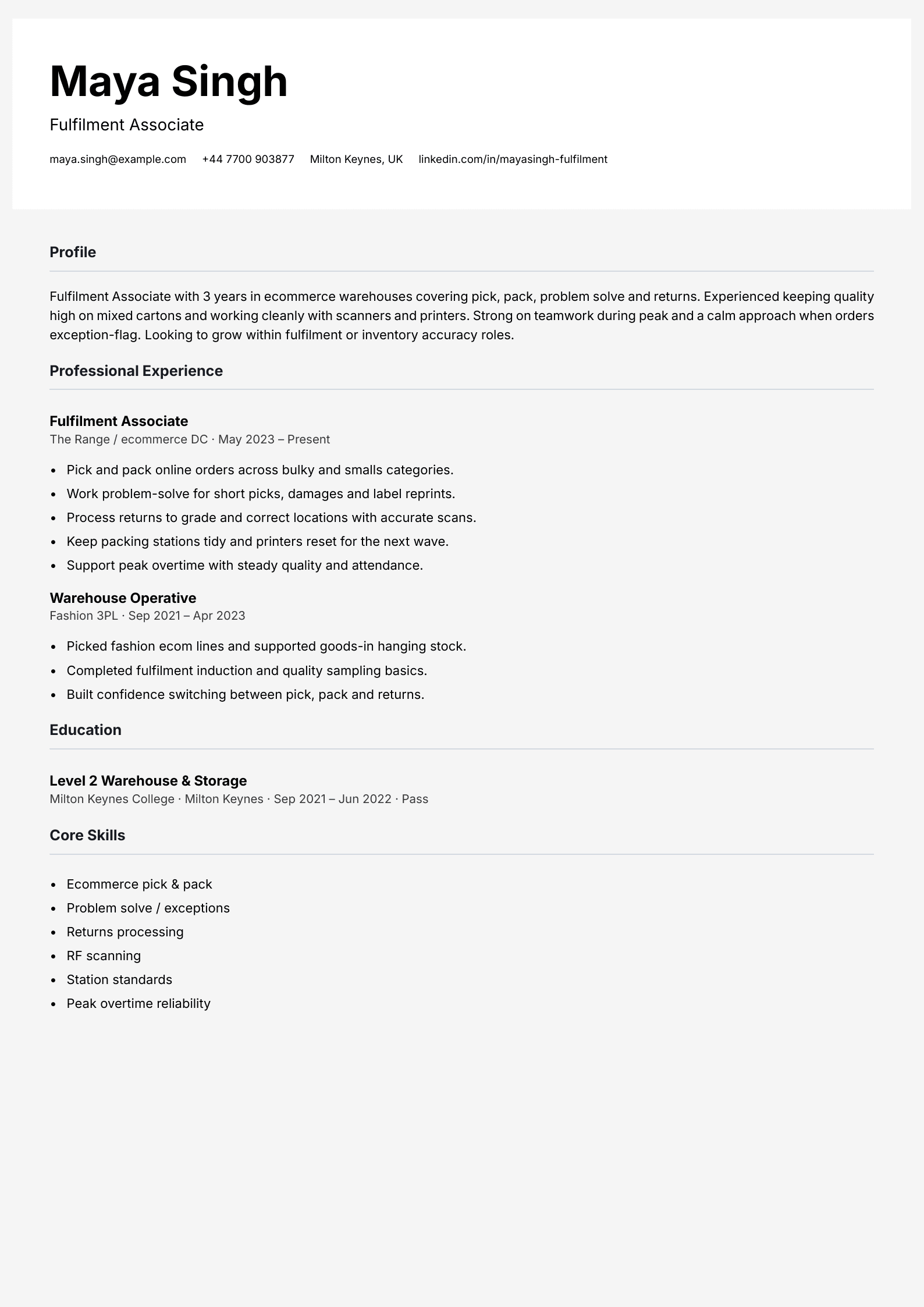fulfilment associate cv template