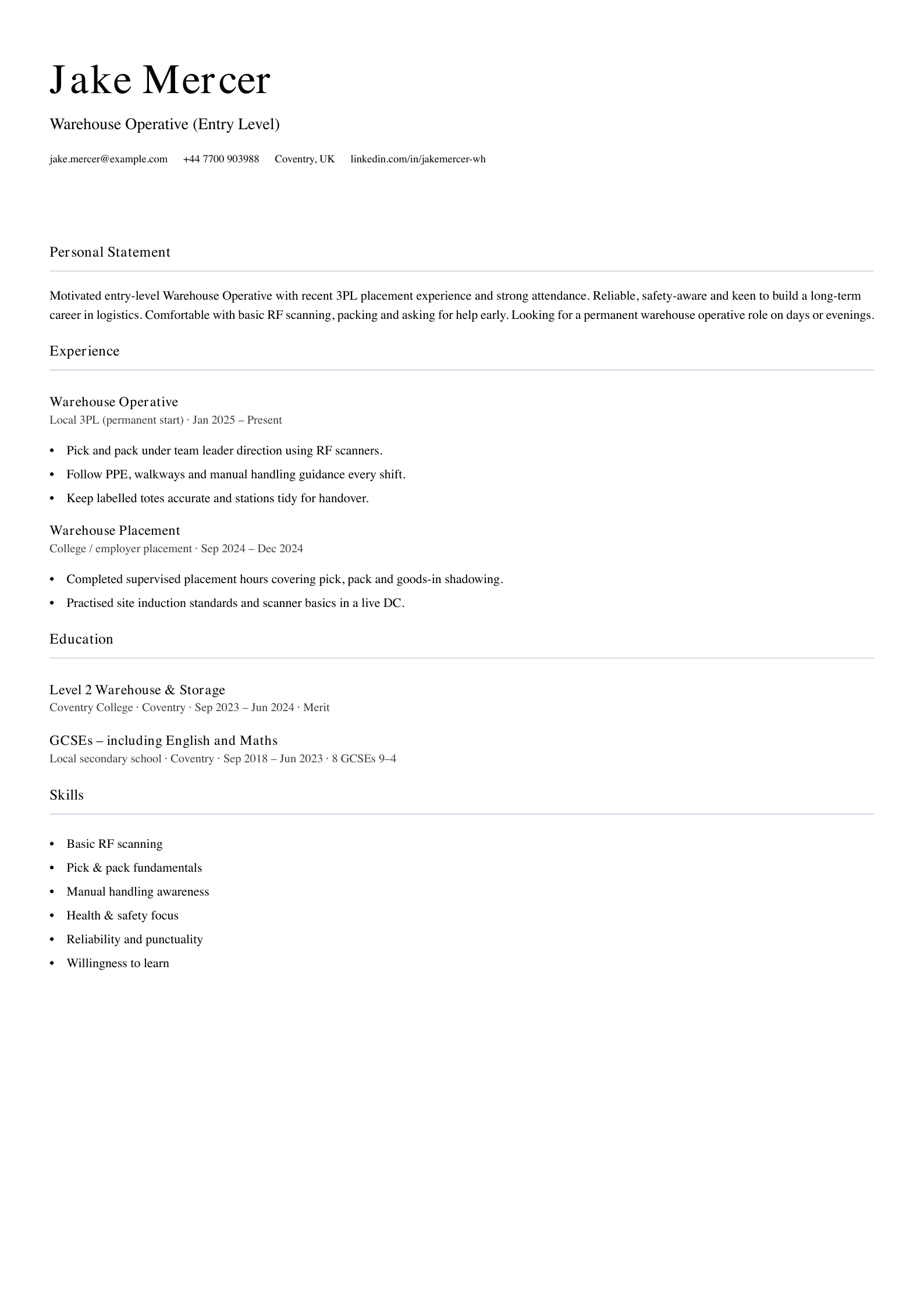 entry level warehouse operative cv template