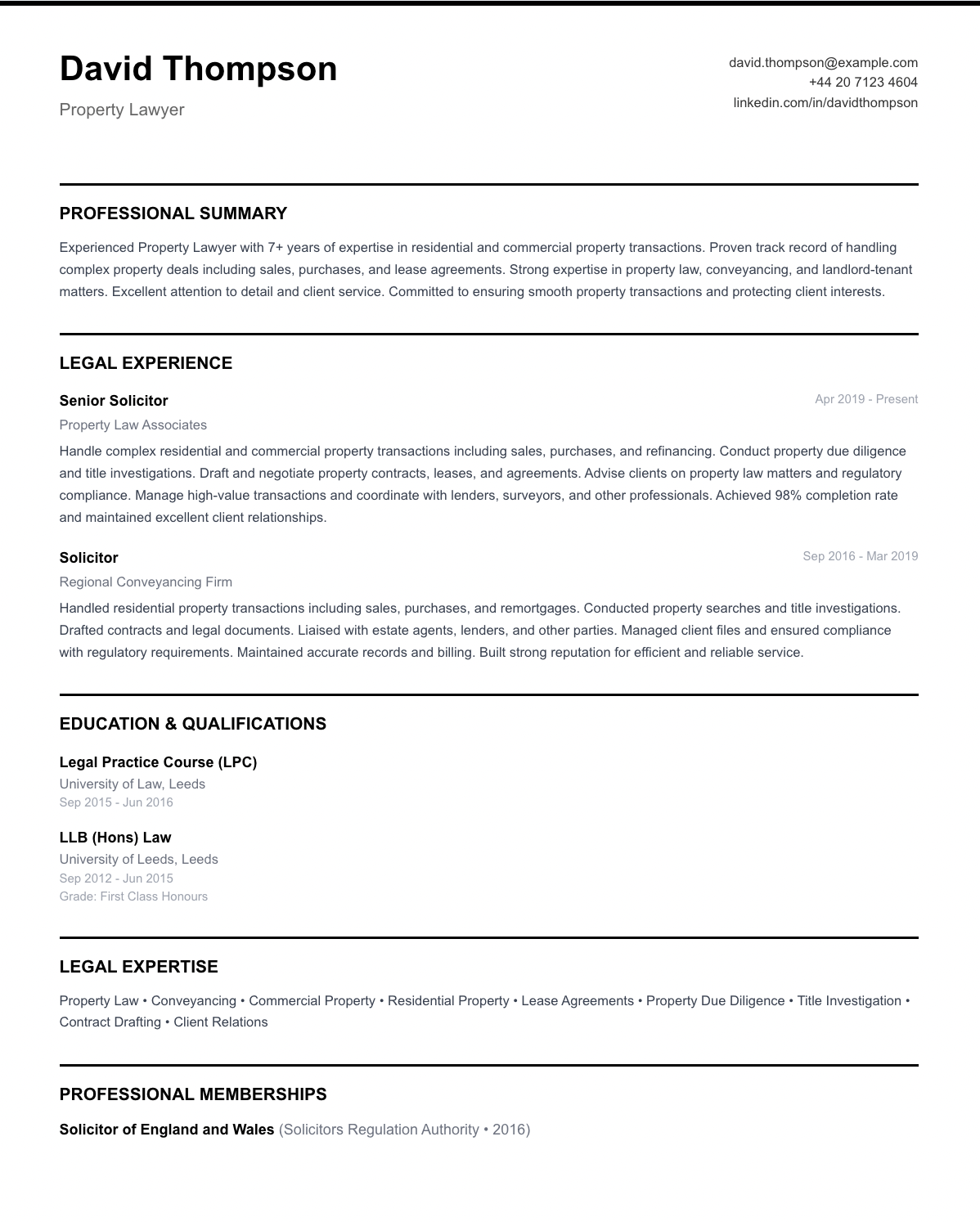 free legal cv template property lawyer