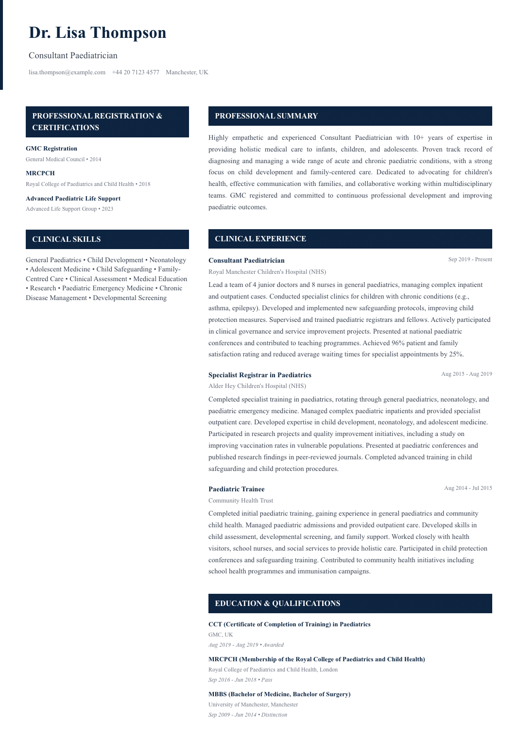 free medical cv template paediatric specialist