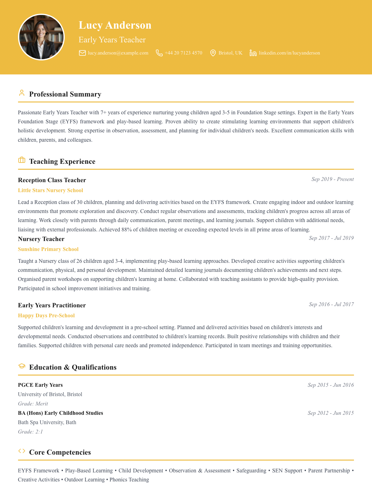 free teacher cv template early years classic