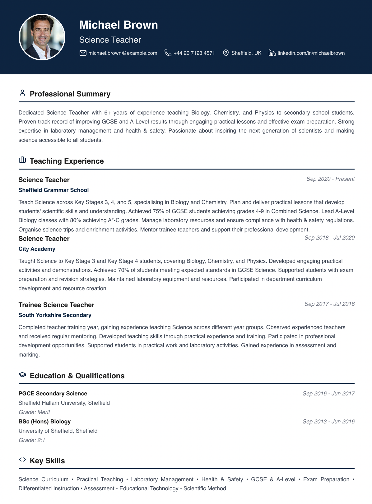 free teacher cv template science professional